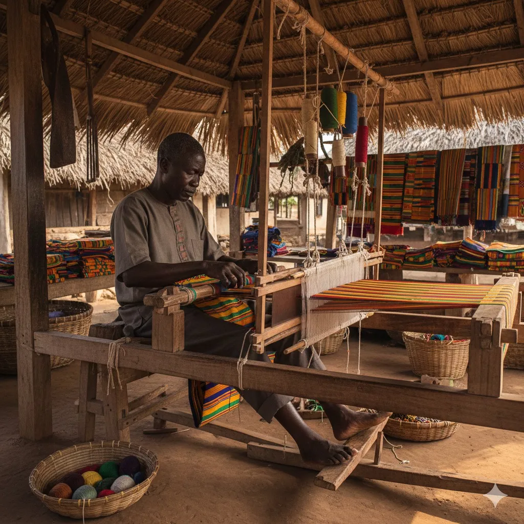 Kente weaver working at a traditional loom