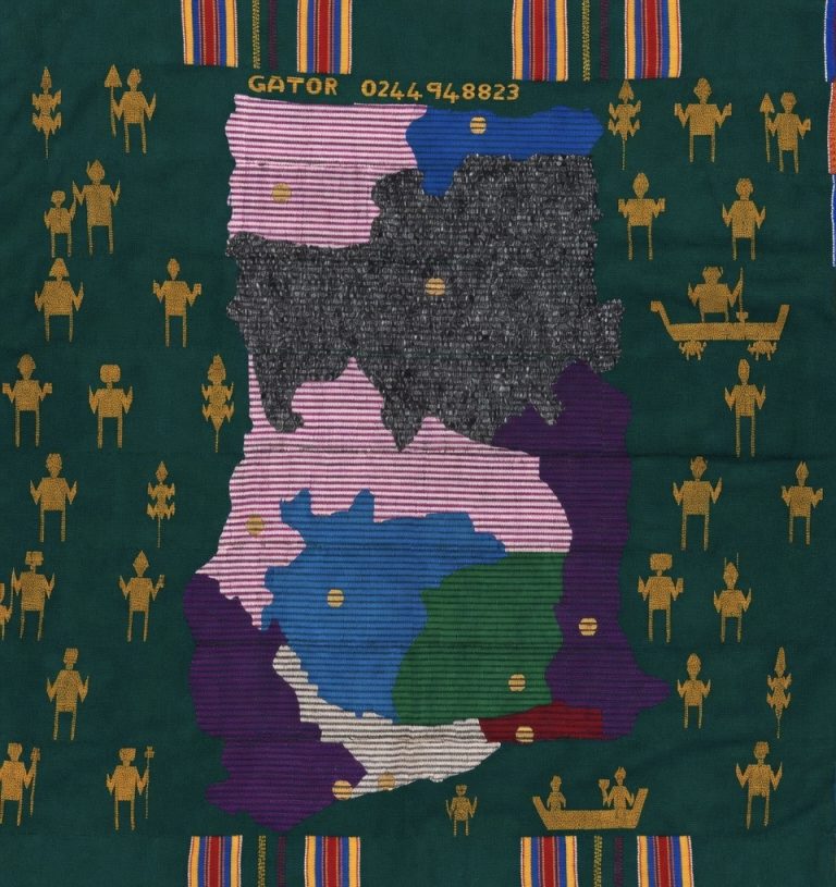 Fourth Republic of Ghana Kente cloth, woven in the outline of the country, by Master Weaver Gator Gbogbo of Agotime-Kpetoe