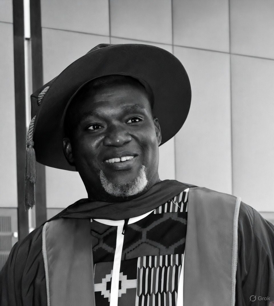 Black-and-white portrait of Dr Senyo Kwaku Agbeblewu, Director of Kente Registry Limited